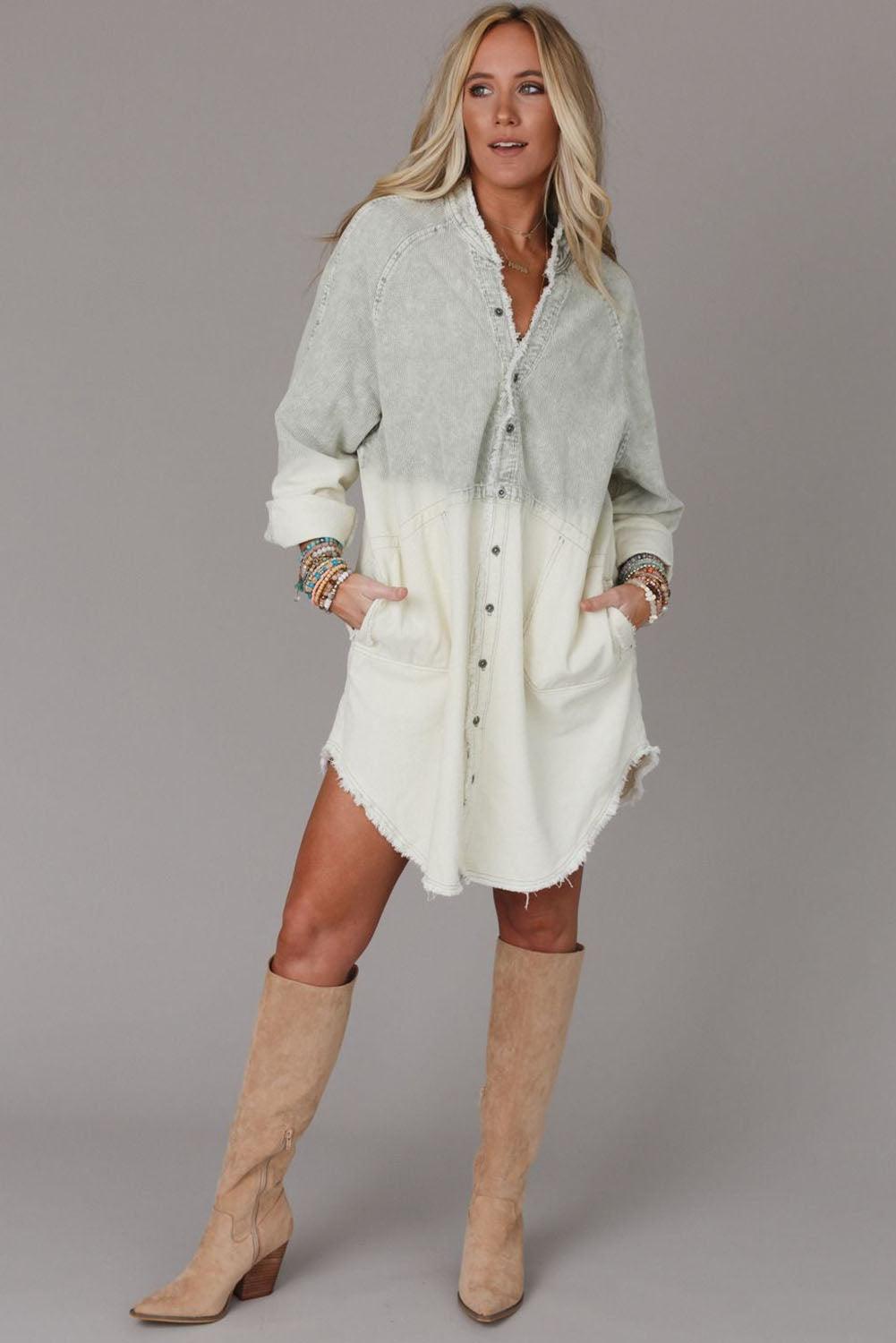 Gray Gradient Long Sleeve Button Up Raw Hem Denim Dress - L & M Kee, LLC