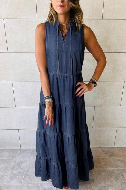 Real Teal Sleeveless Tiered Chambray Maxi Dress - L & M Kee, LLC