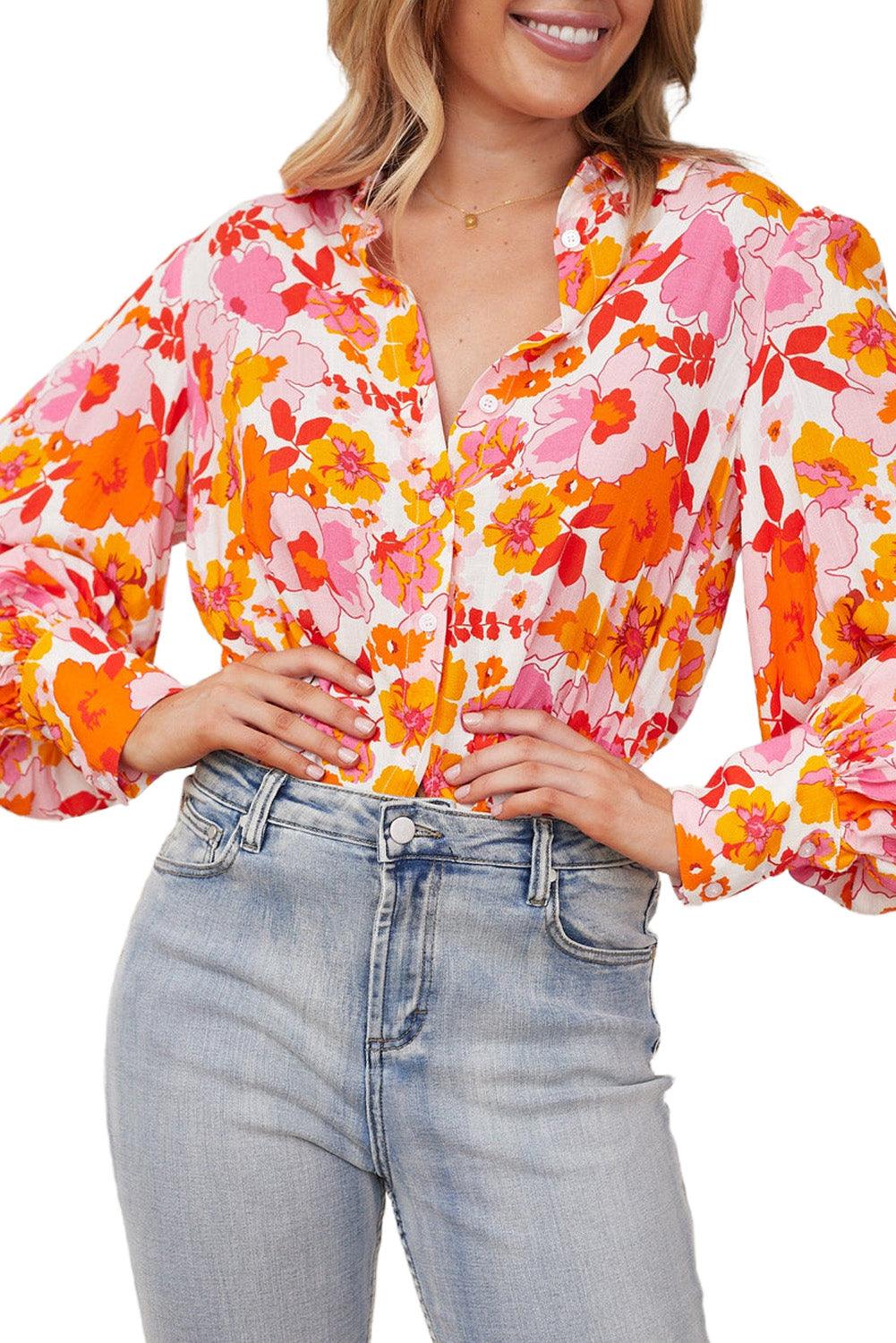 Orange Floral Bishop Sleeve Button Up Shirt - L & M Kee, LLC