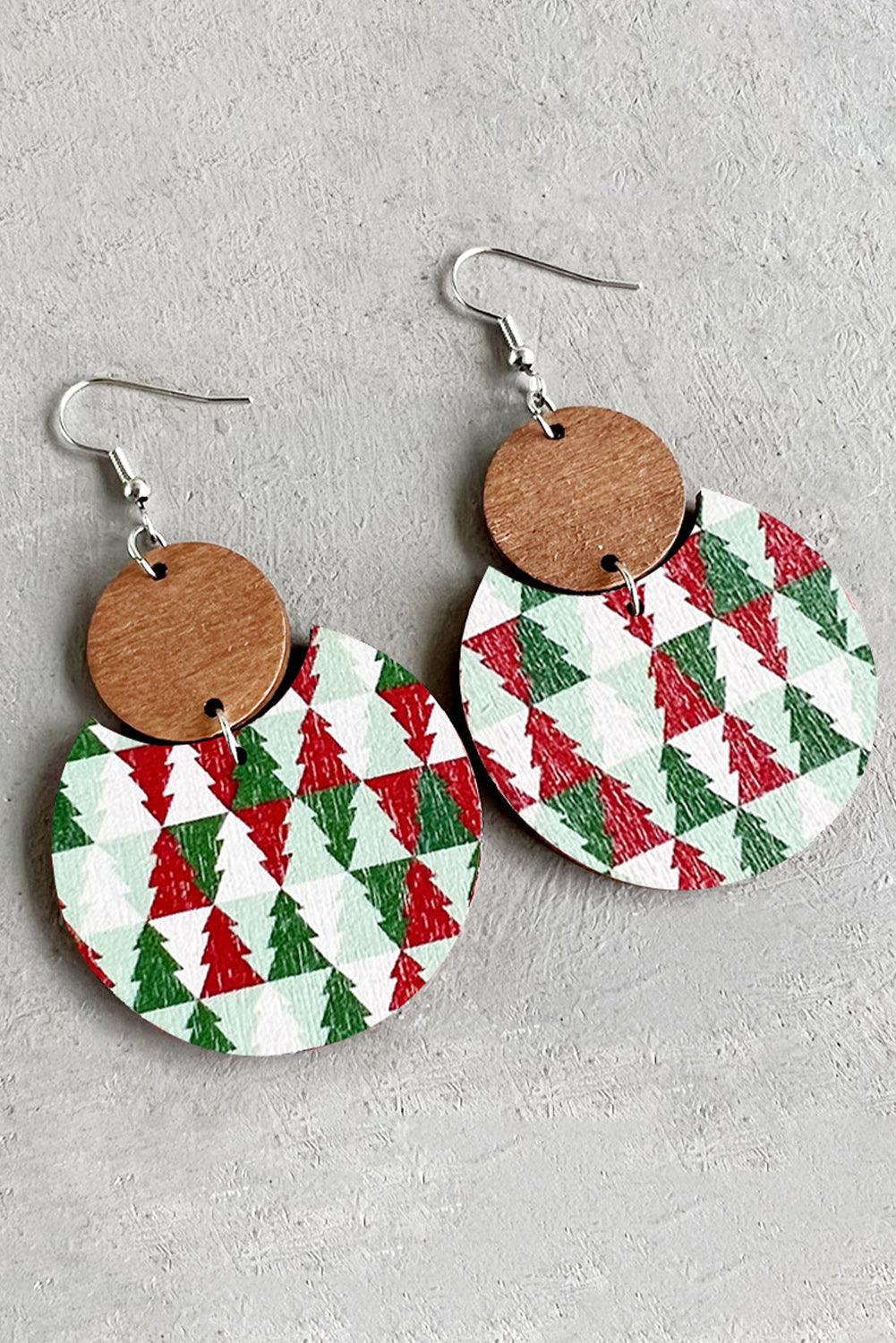 Dark Green Christmas Checker Graphic Wooden Earrings - L & M Kee, LLC