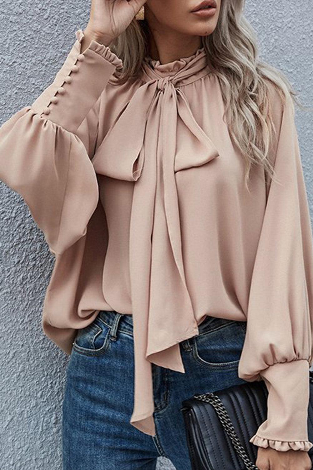 Pink Frilled Knotted Mock Neck Bishop Sleeve Blouse - L & M Kee, LLC