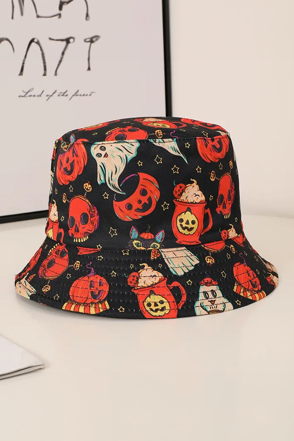 Orange Halloween Pumpkin Ghost Print Bucket Hat