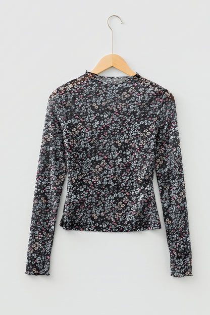 Black Ditsy Floral Mesh Thumbhole Sleeve Slim Fit Top