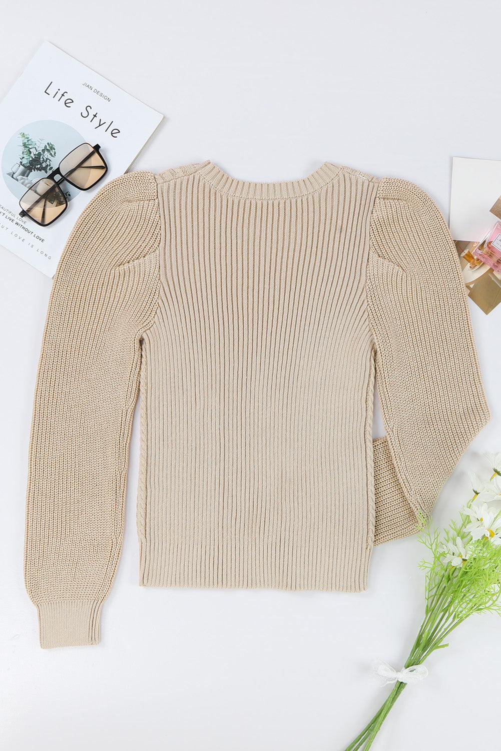 Apricot Cable Ribbed Knit Mix Pattern Puff Sleeve Sweater - L & M Kee, LLC