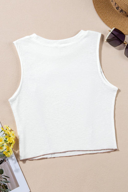 White Contrast Seams Ribbed Tank Top - L & M Kee, LLC