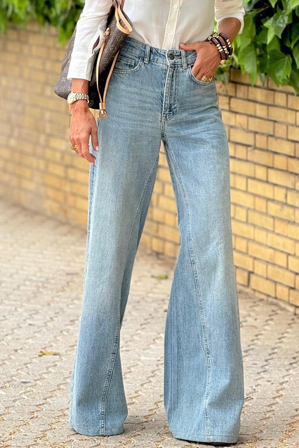 Dusk Blue Acid Wash Extra Wide Leg High Waist Long Jeans - L & M Kee, LLC