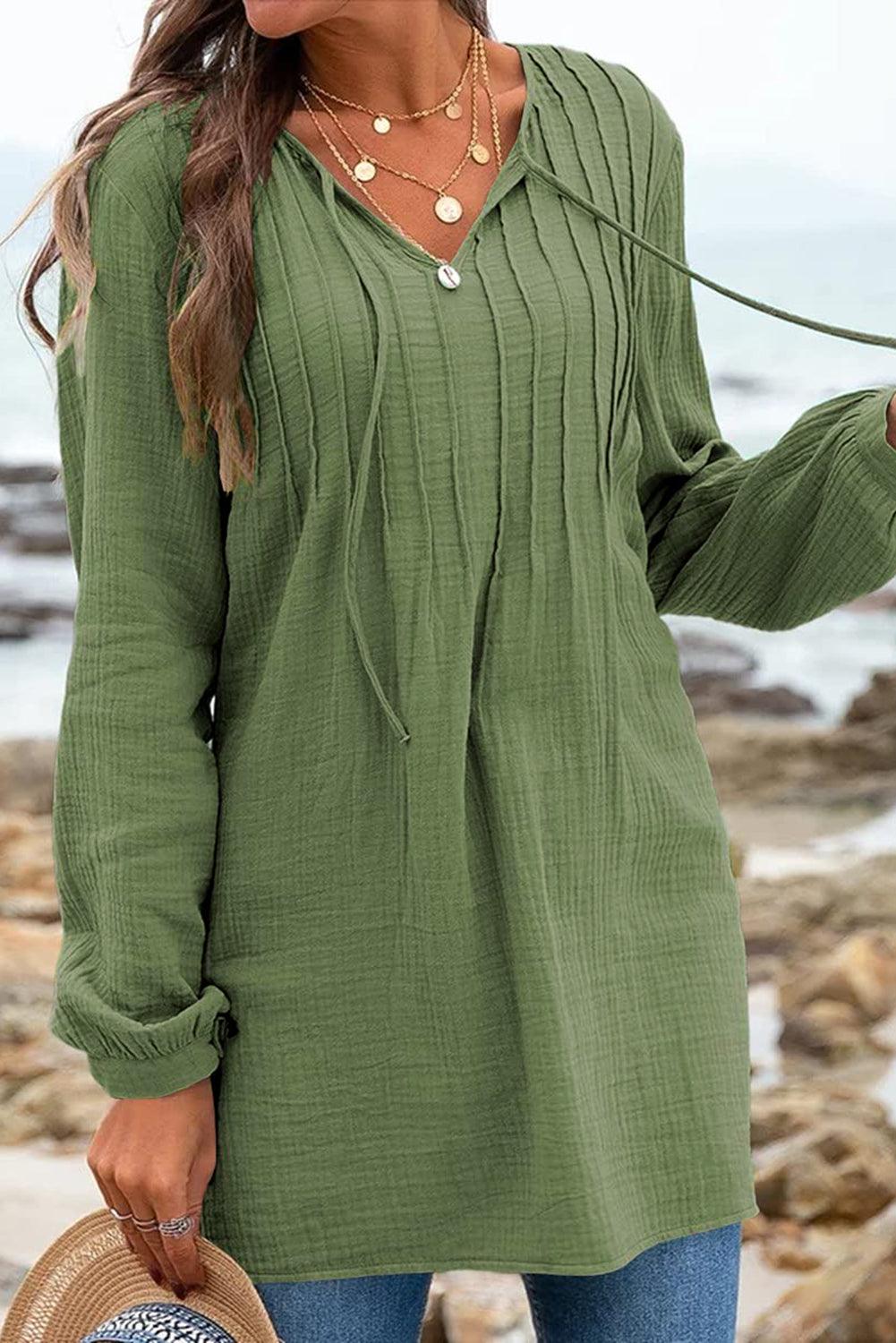 Green Casual Pleated V Neck Textured Loose Top - L & M Kee, LLC