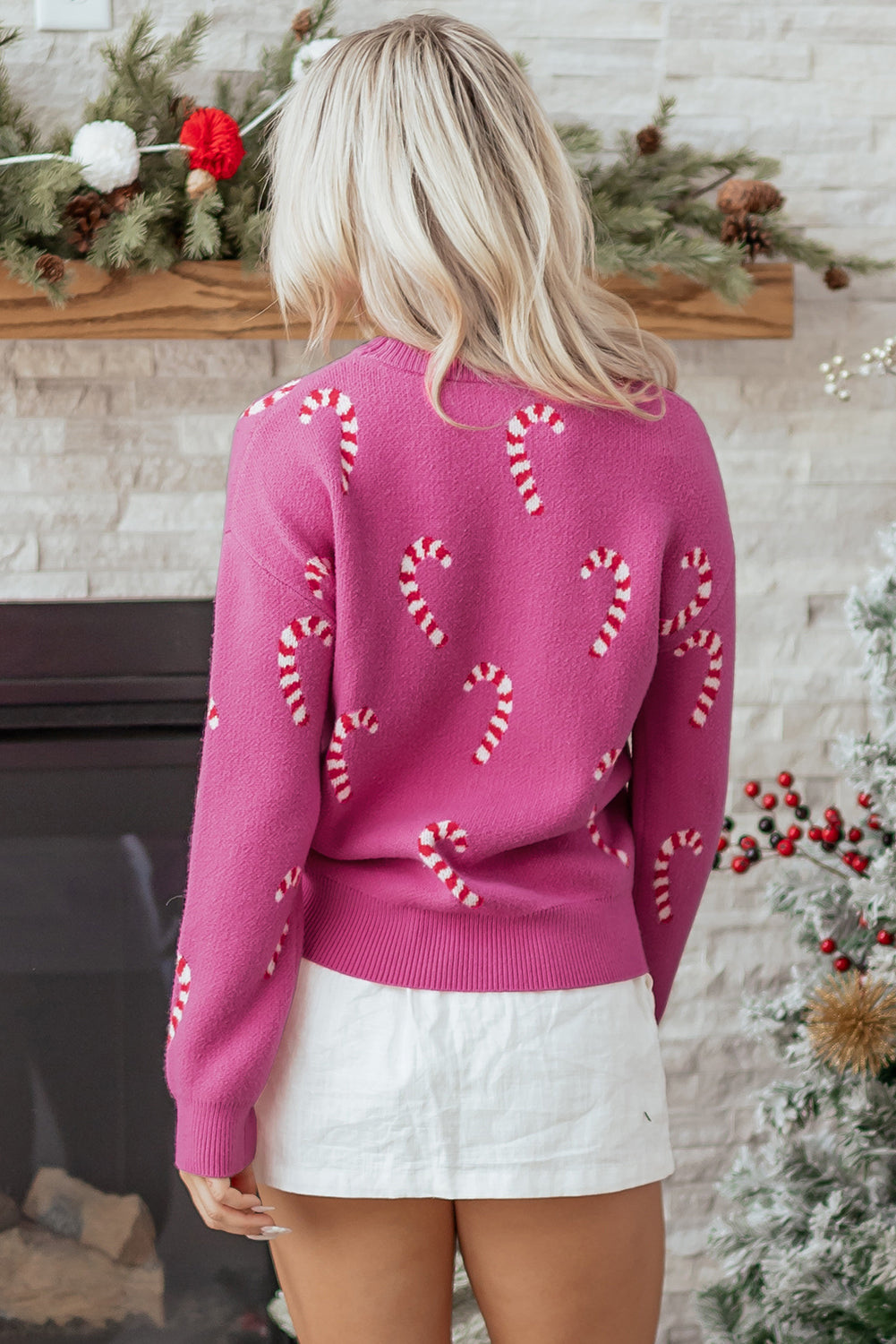 Racing Red Christmas Candy Cane Holiday Drop Shoulder Sweater