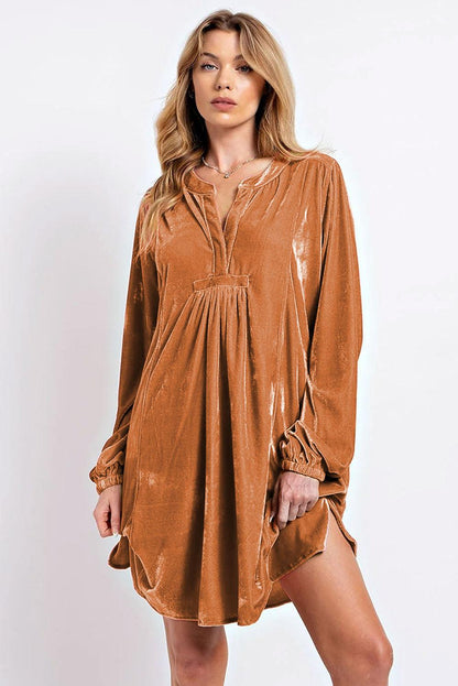 Chestnut Split Neck Velvet Tunic Dress - L & M Kee, LLC