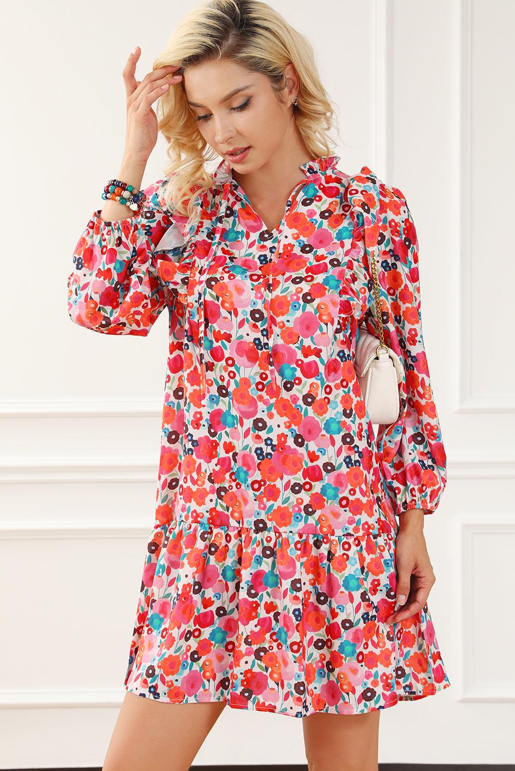 Multicolour Ruffle Split Neck Floral Long Sleeve Dress - L & M Kee, LLC