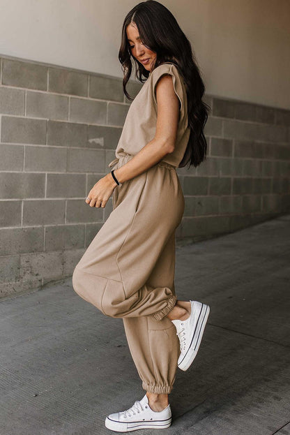 Medium Grey Cap Sleeve Open Back Drawstring Jogger Jumpsuit - L & M Kee, LLC