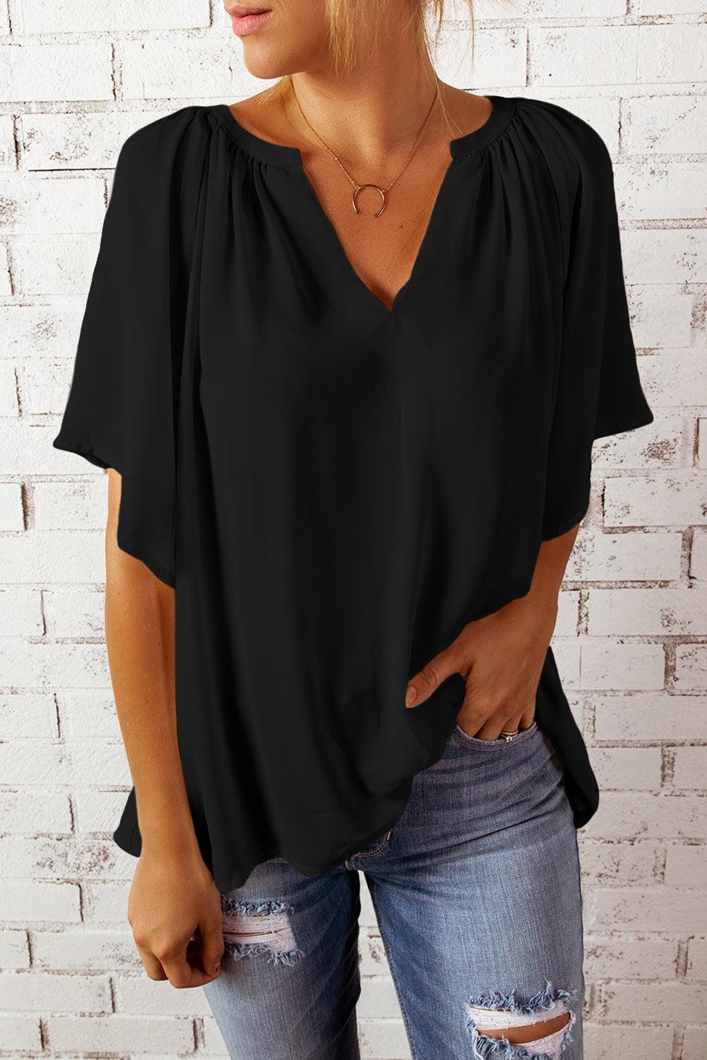 Black Split Neck Pleated Loose Top - L & M Kee, LLC