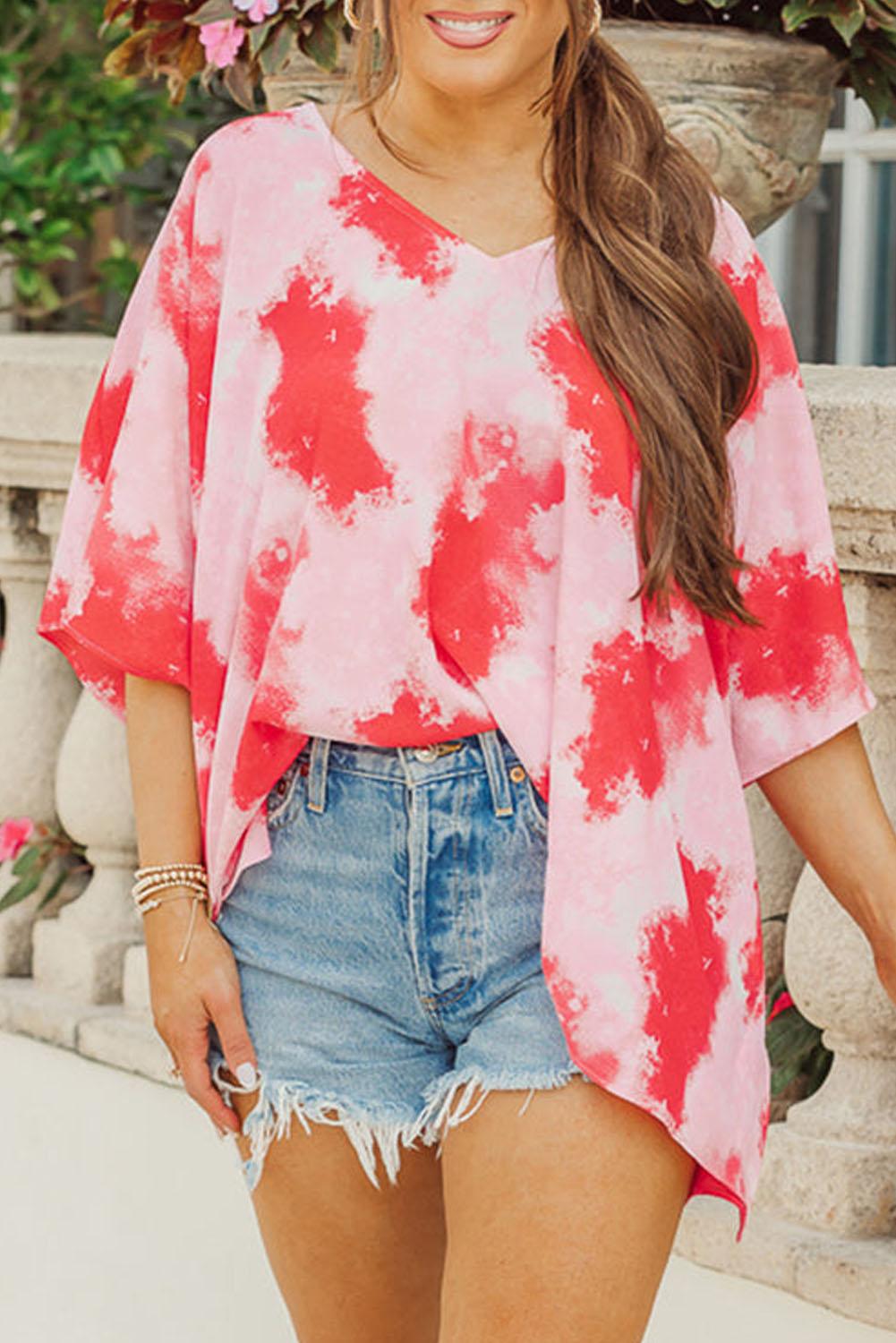 Red Plus Size Tie-dye Print 3/4 Sleeve Tunic Top - L & M Kee, LLC