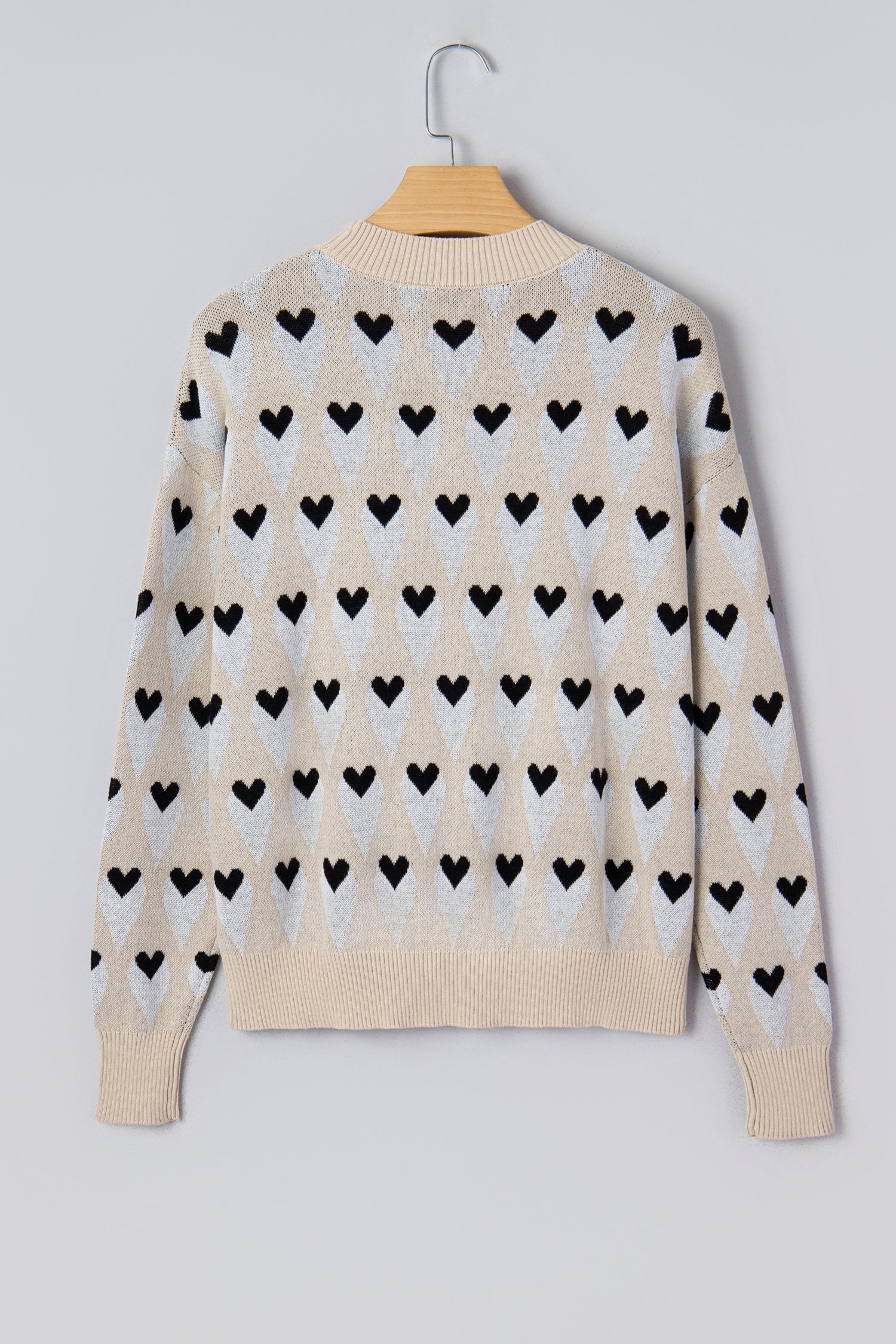 Parchment Geometric Heart Print Ribbed Trim Loose Sweater
