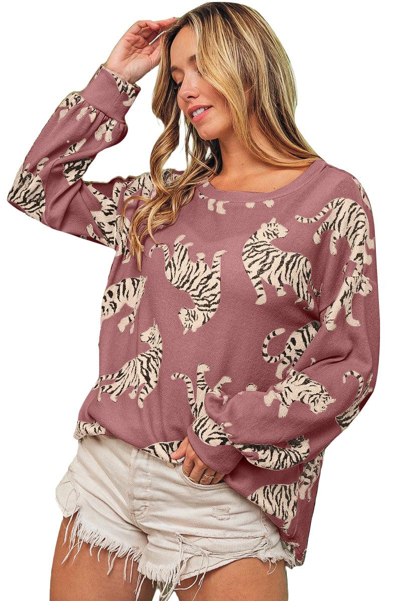 Rose Red Lively Tiger Print Casual Sweatshirt - L & M Kee, LLC