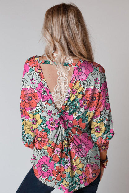 Multicolor Twisted Hollow-out Back Floral Long Sleeve Top - L & M Kee, LLC