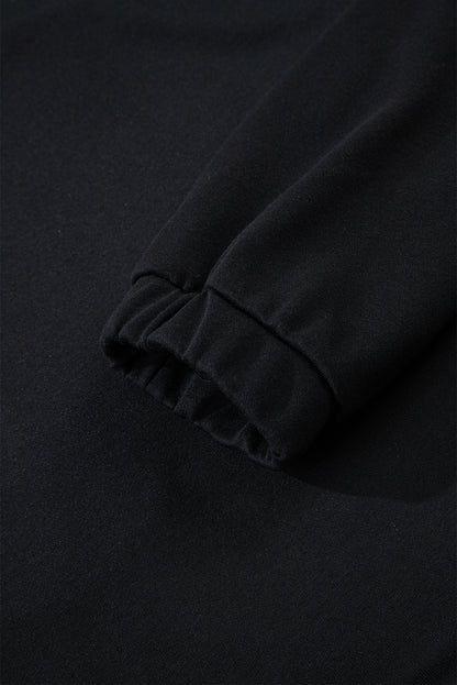 Black Color Block Patchwork Half Button Pullover and Shorts 2pcs Outfit