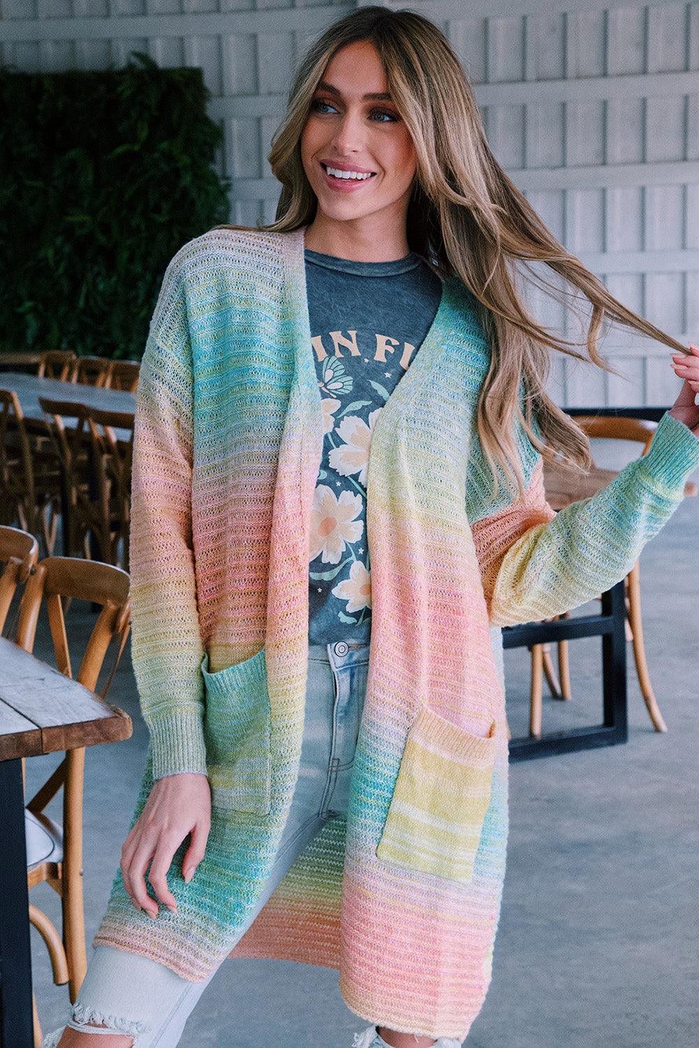 Gradient Knit Open Cardigan with Pockets - L & M Kee, LLC