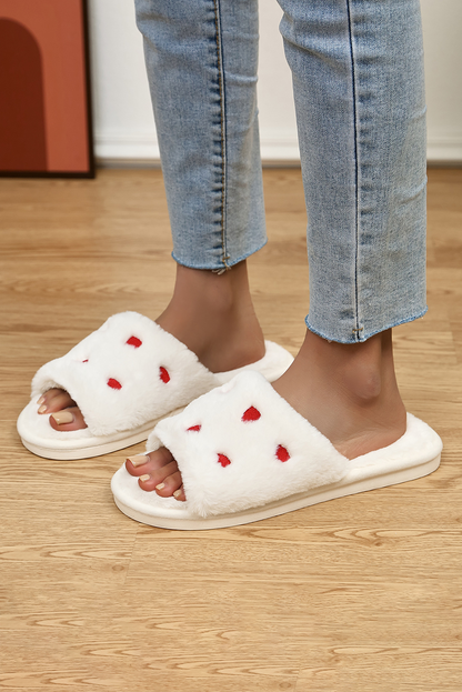 White Valentines Heart Embroidered Fuzzy Winter House Slippers