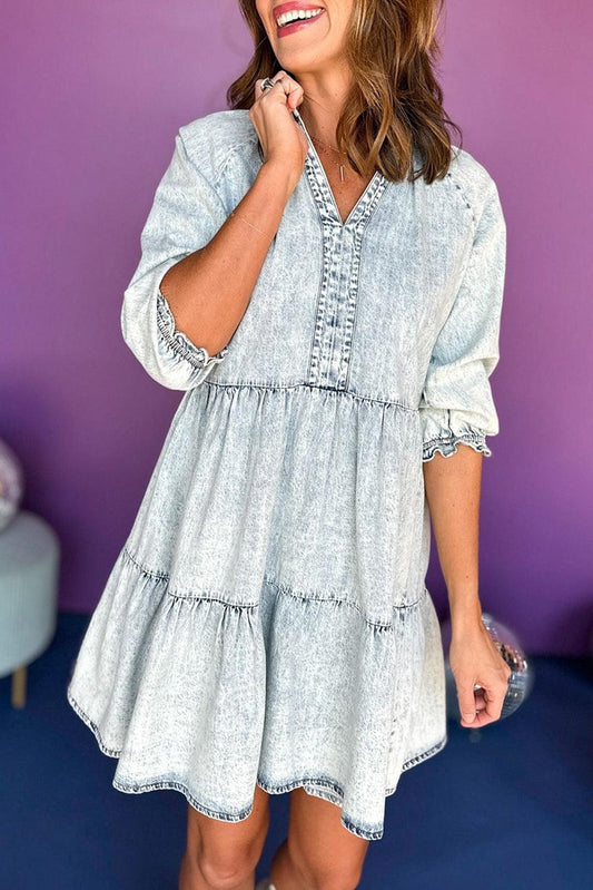 Dusk Blue Acid Wash Retro Half Sleeve Flared Denim Dress - L & M Kee, LLC