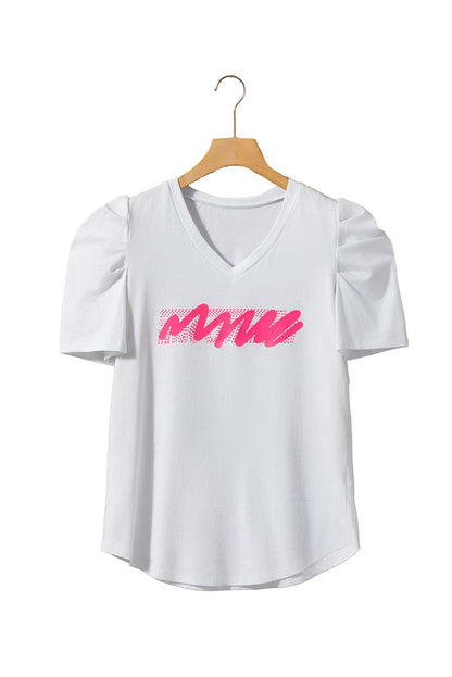 White Abstract Graphic V Neck Puff Sleeve T-shirt - L & M Kee, LLC