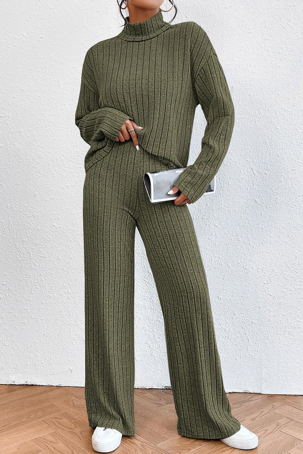 Khaki Ribbed Knit Bell Sleeve Crop Top Drawstring Pants Set - L & M Kee, LLC