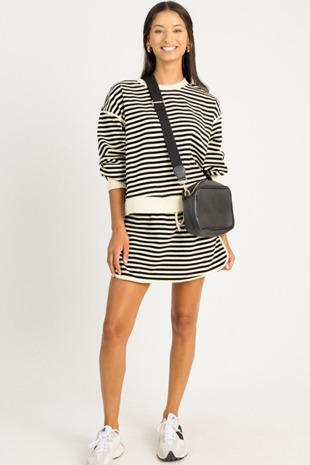 Black Stripe Textured Drop Shoulder Pullover Top Drawstring Mini Skirt Two Piece Dress Set