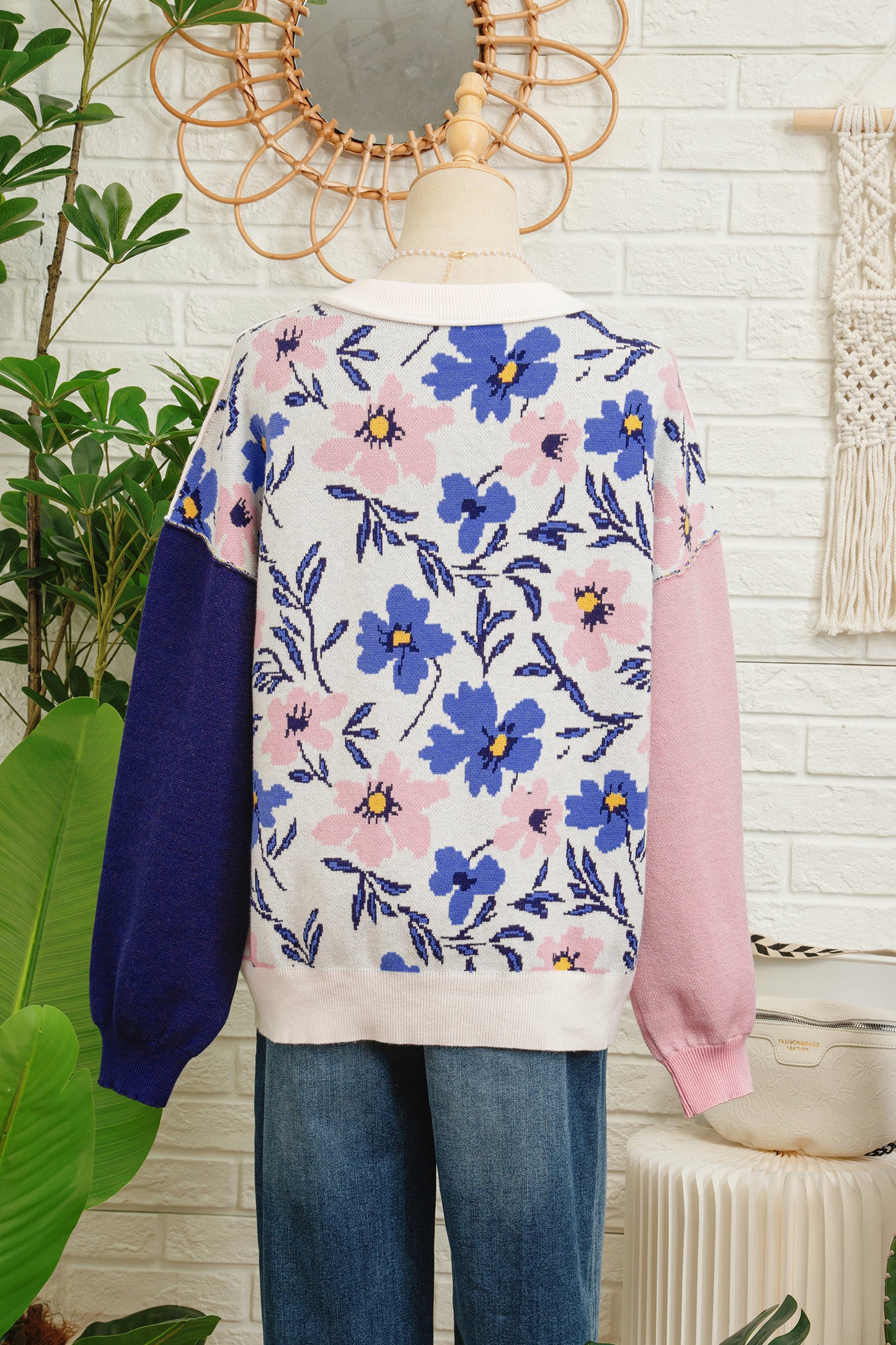 Khaki Floral Panel Colorblock Sleeve Patchwork Sweater