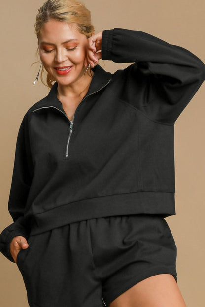 Umgee Full Size Half Zip Cropped Sweatshirt Plus Size