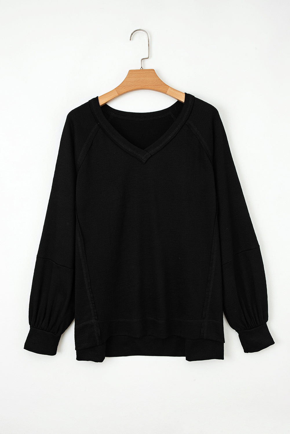 Black Exposed Seam Textured Knit V Neck Pullover Top