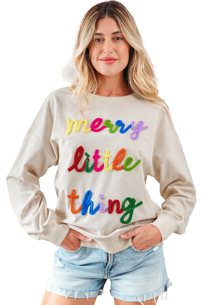 Beige merry little thing Corded Letter Graphic Ribbed Loose Sweatshirt