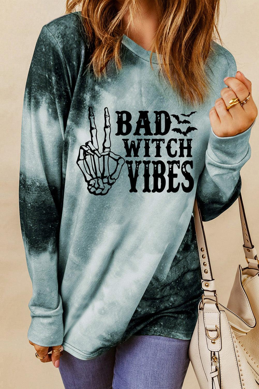 Gray Tie Dye BAD WITCH VIBES Graphic Long Sleeve Top - L & M Kee, LLC