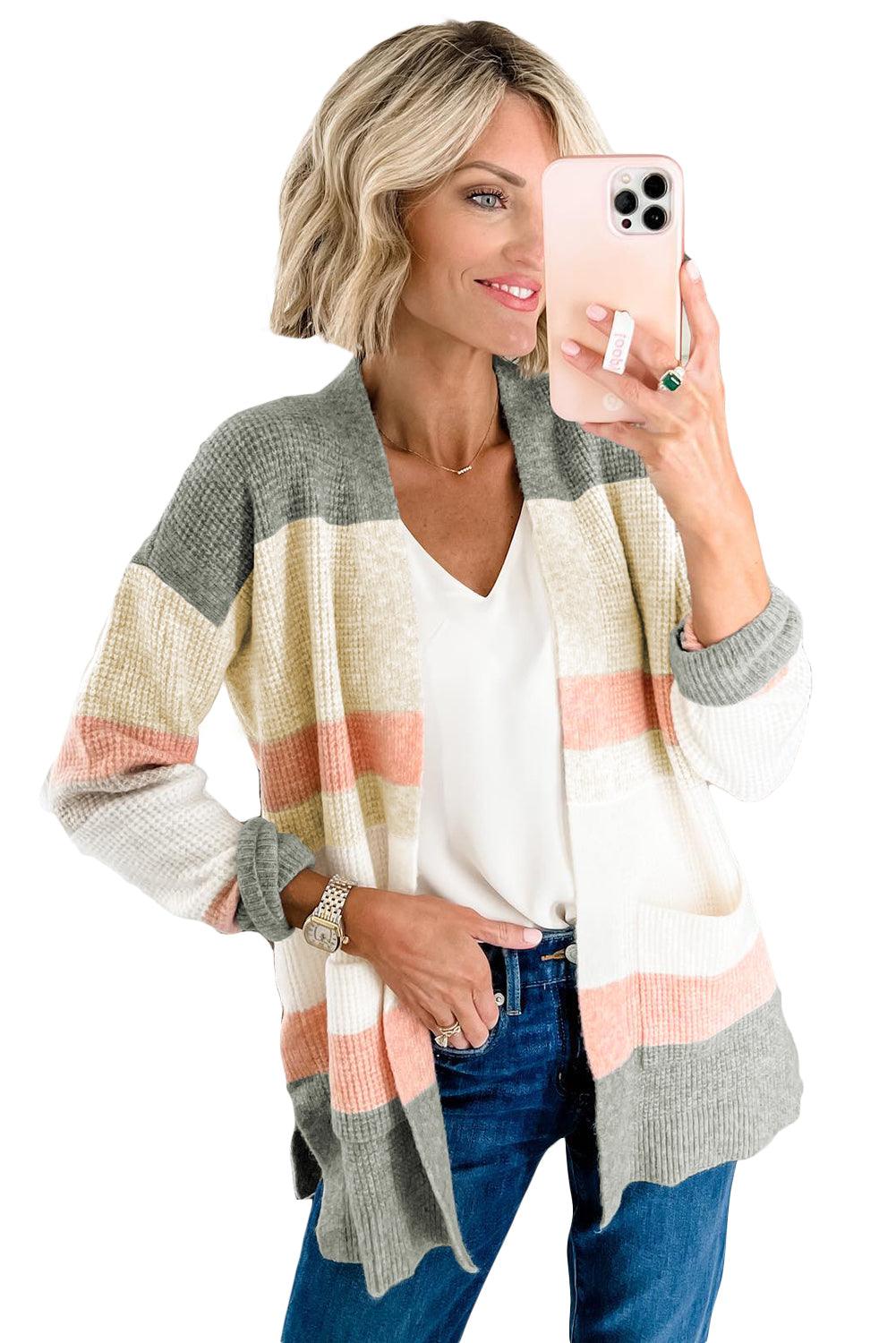 Multicolor Color Block Striped Pocketed Open Cardigan - L & M Kee, LLC