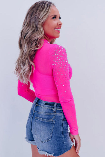 Rose Rhinestone Mesh Long Sleeve Bodysuit - L & M Kee, LLC