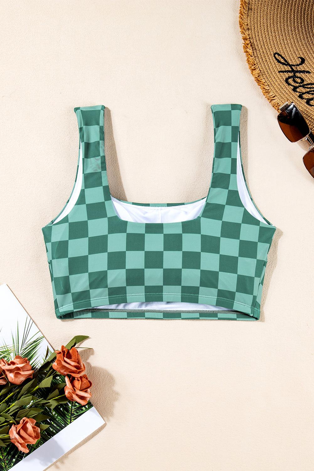 Green Checkered Print Square Neck Cropped Swim Top - L & M Kee, LLC