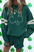 Evergreen Rhinestone Clover Varsity Pullover Drawstring Shorts 2pcs Set