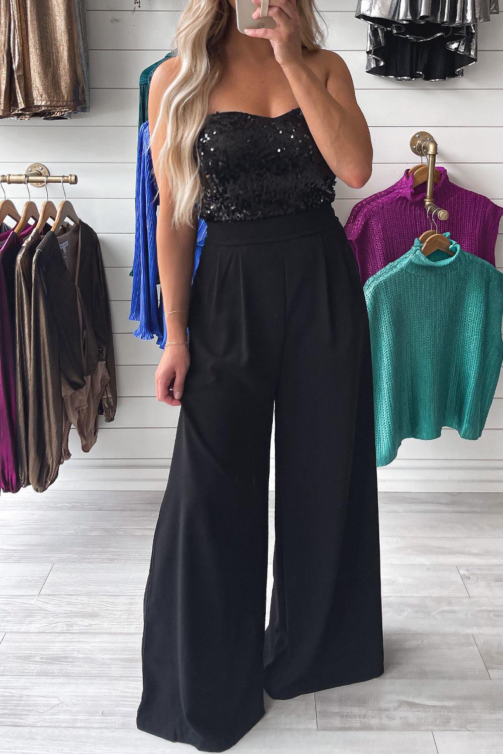 Black Sequin Tube Top Wide Leg Jumpsuit - L & M Kee, LLC