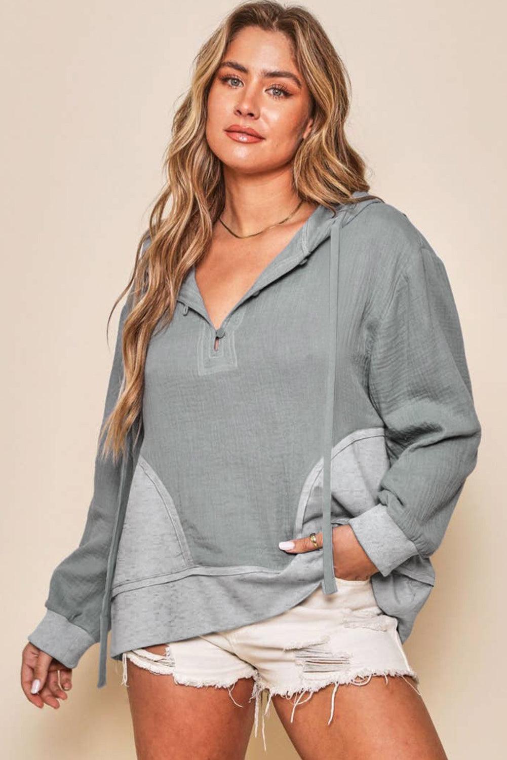 Gray Contrast Patchwork Pullover Casual Hoodie - L & M Kee, LLC