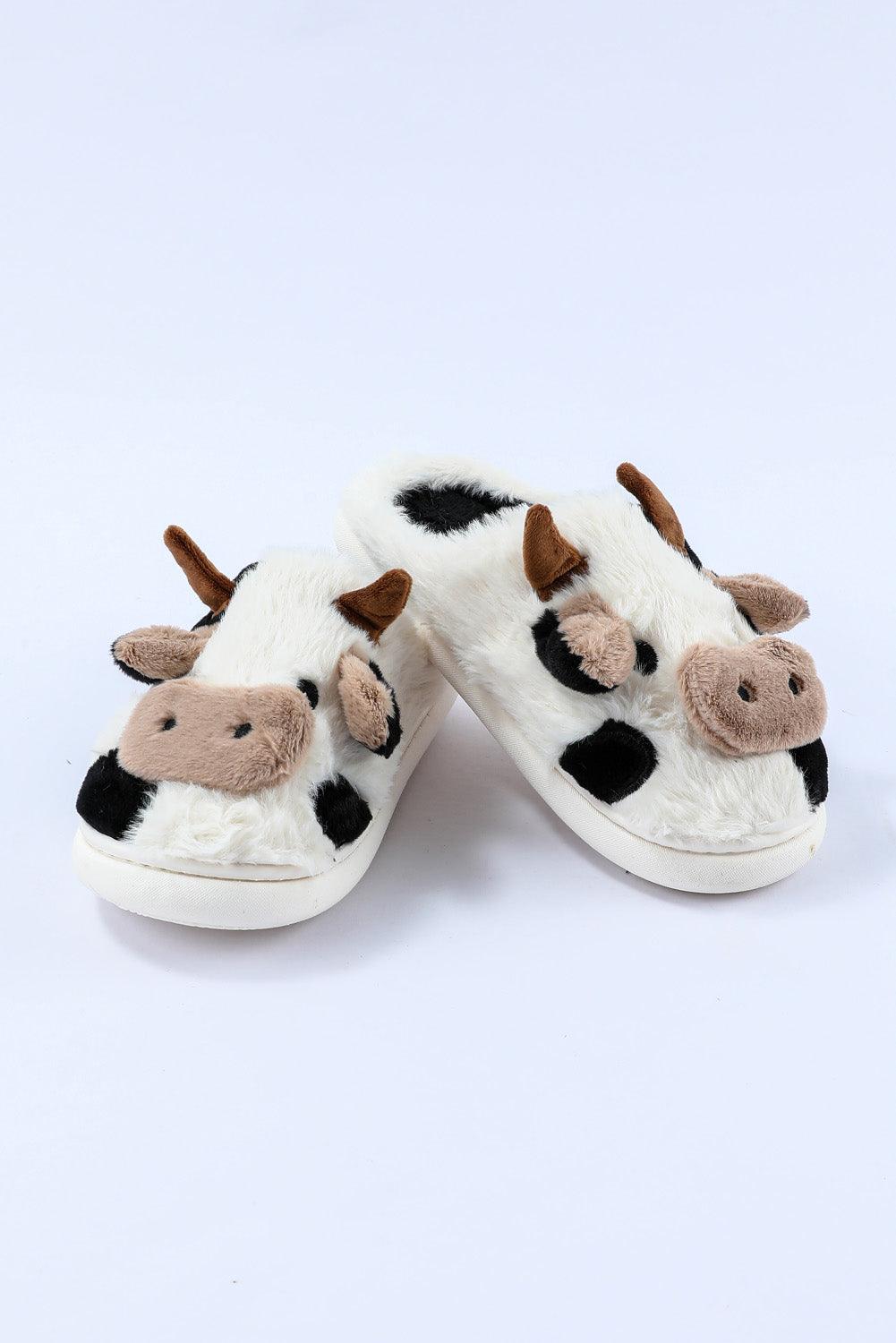 White Cartoon Animal Cow Plush Slippers - L & M Kee, LLC