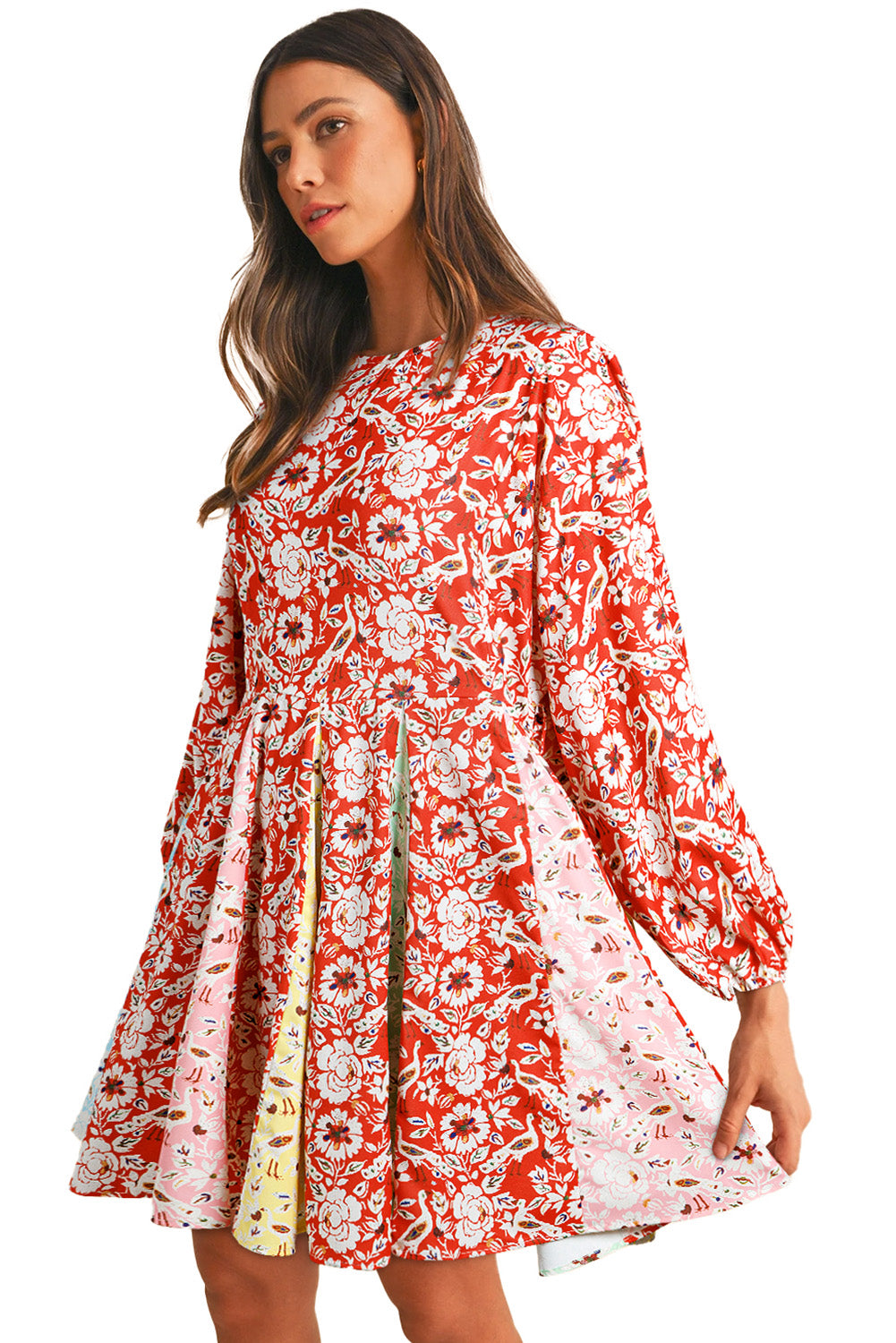 Red Colorful Floral Patchwork Long Sleeve Pleated Mini Dress