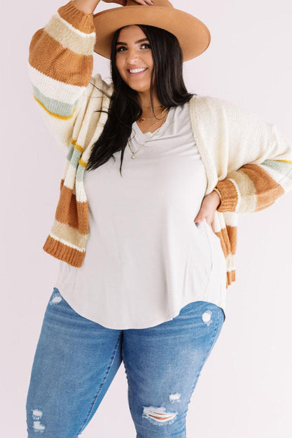 Beige Plus Size Striped Print Open Front Cardigan - L & M Kee, LLC