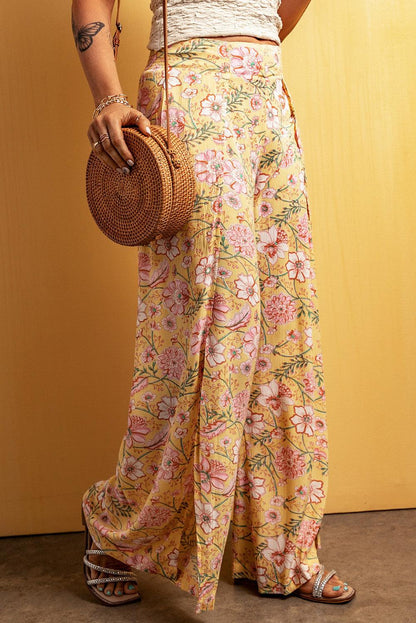 Yellow Floral Print High Slit Wide Leg Pants - L & M Kee, LLC