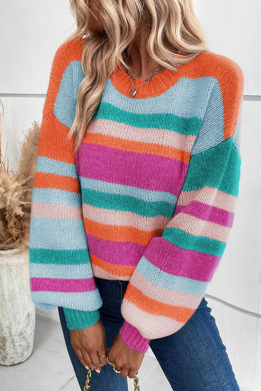 Multicolor Striped Knit Drop Shoulder Puff Sleeve Sweater - L & M Kee, LLC