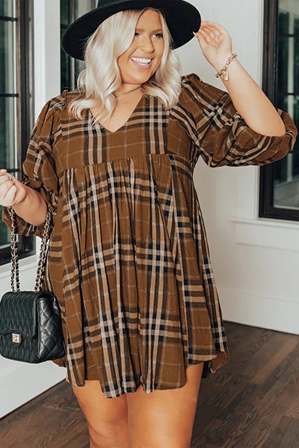 Brown Printed Plaid V Neck Plus Size Babydoll Dress - L & M Kee, LLC