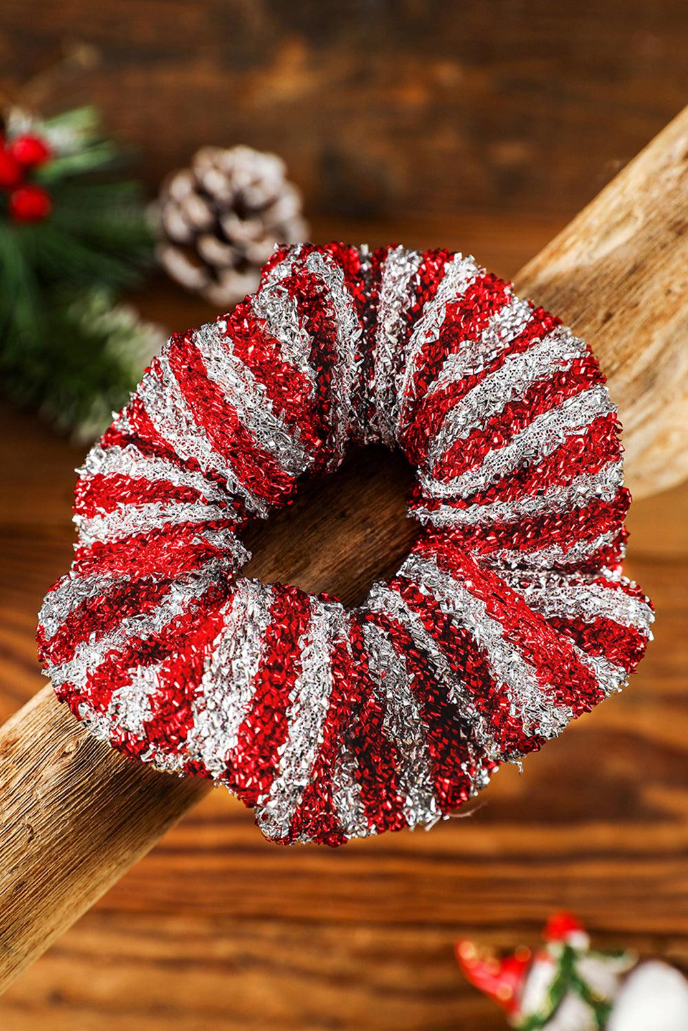 Fiery Red Glitter 2-tone Stripes Christmas Hair Tie - L & M Kee, LLC