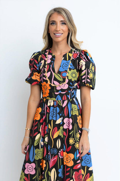 Black Retro Floral Printed Split Neck Maxi Dress - L & M Kee, LLC