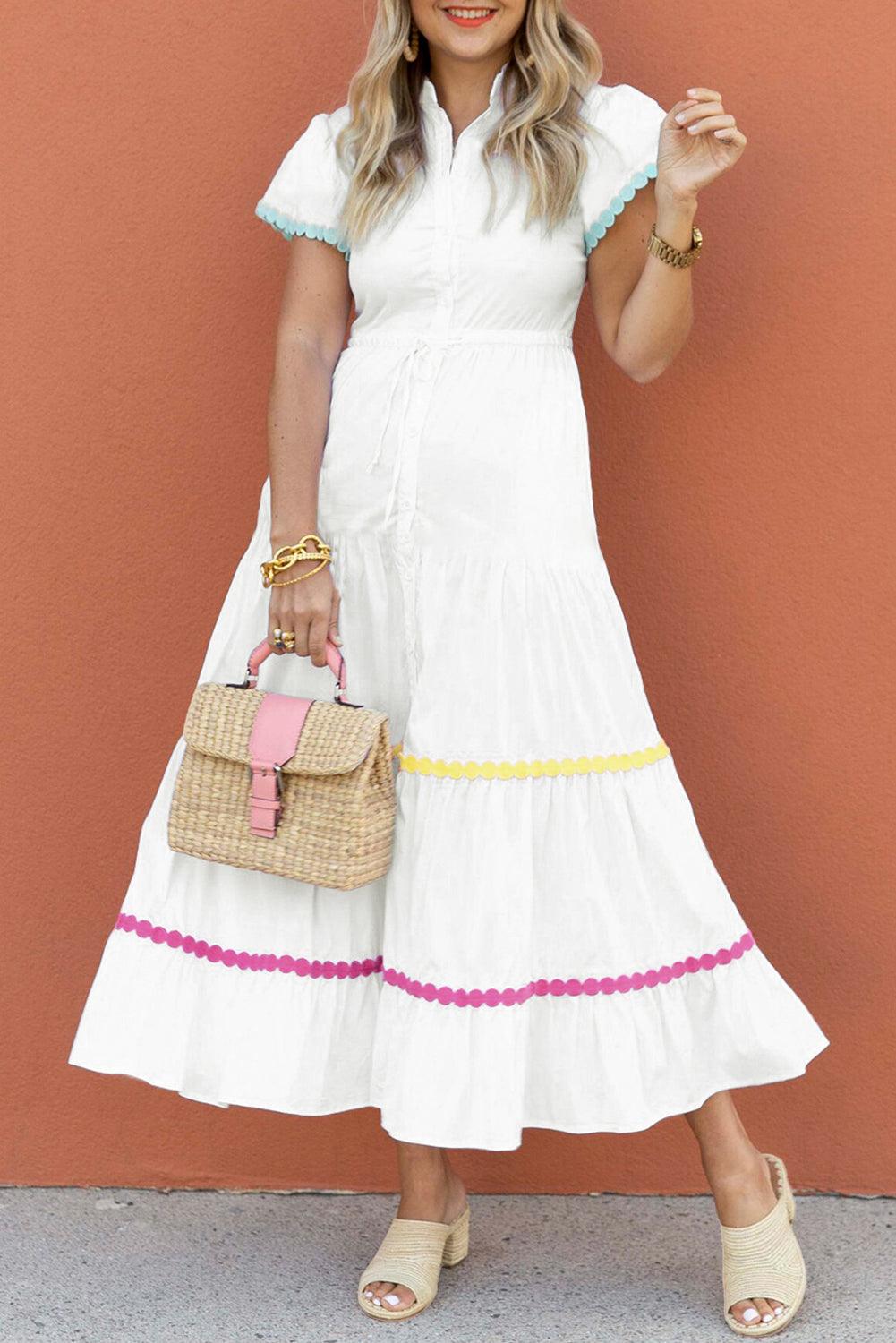 White Colorblock Rickrack Trim Short Sleeve Drawstring Waist Long Dress - L & M Kee, LLC