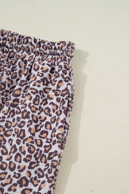 Khaki Leopard Ribbed Long Sleeve Top Drawstring Shorts 2pcs Outfit