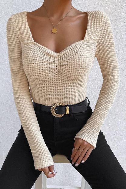 Apricot Square Neck Ruched Textured Knit Top - L & M Kee, LLC