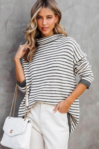 Gray Striped Turtleneck Loose Sweater - L & M Kee, LLC